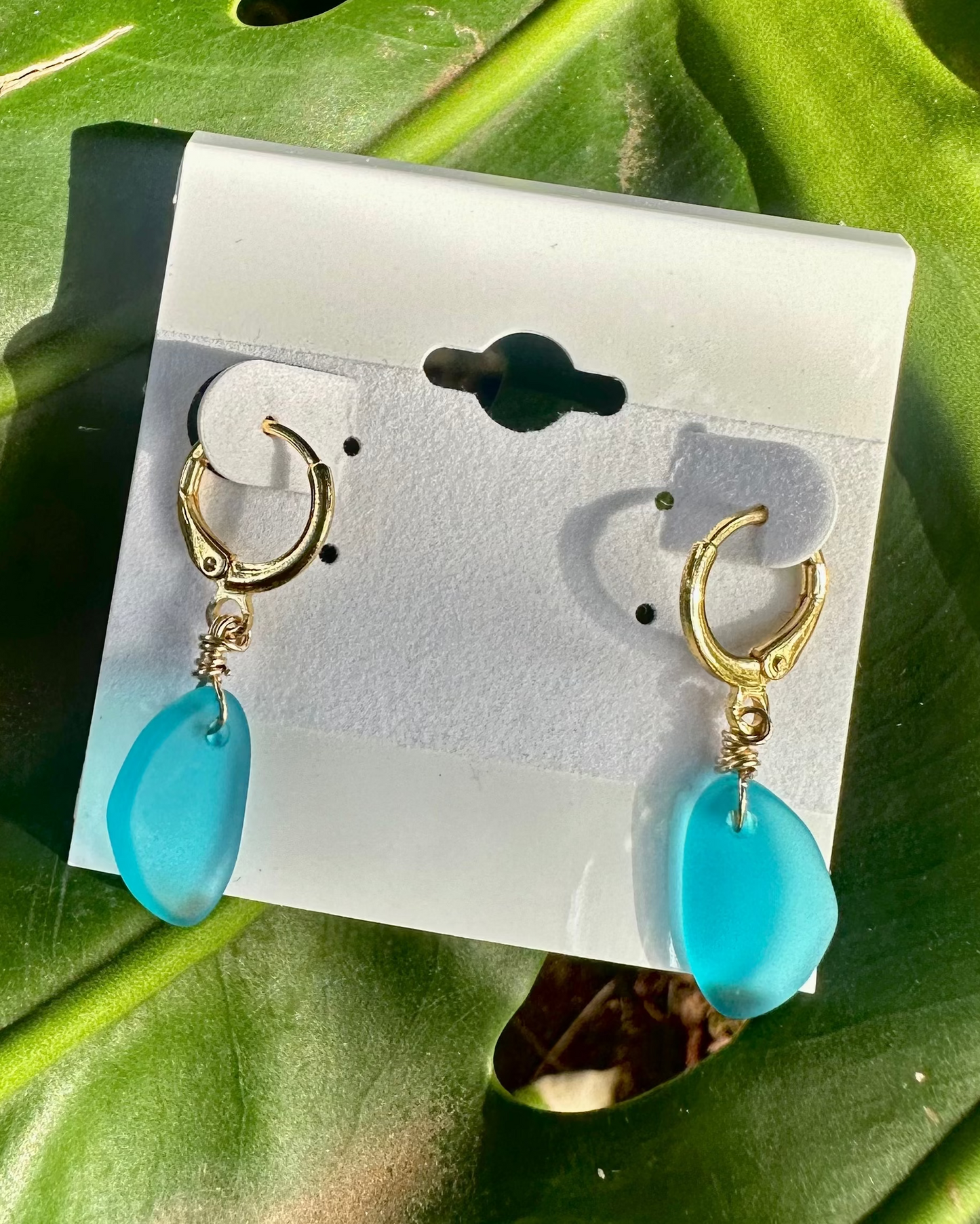 gold fill blue sea glass surf huggies