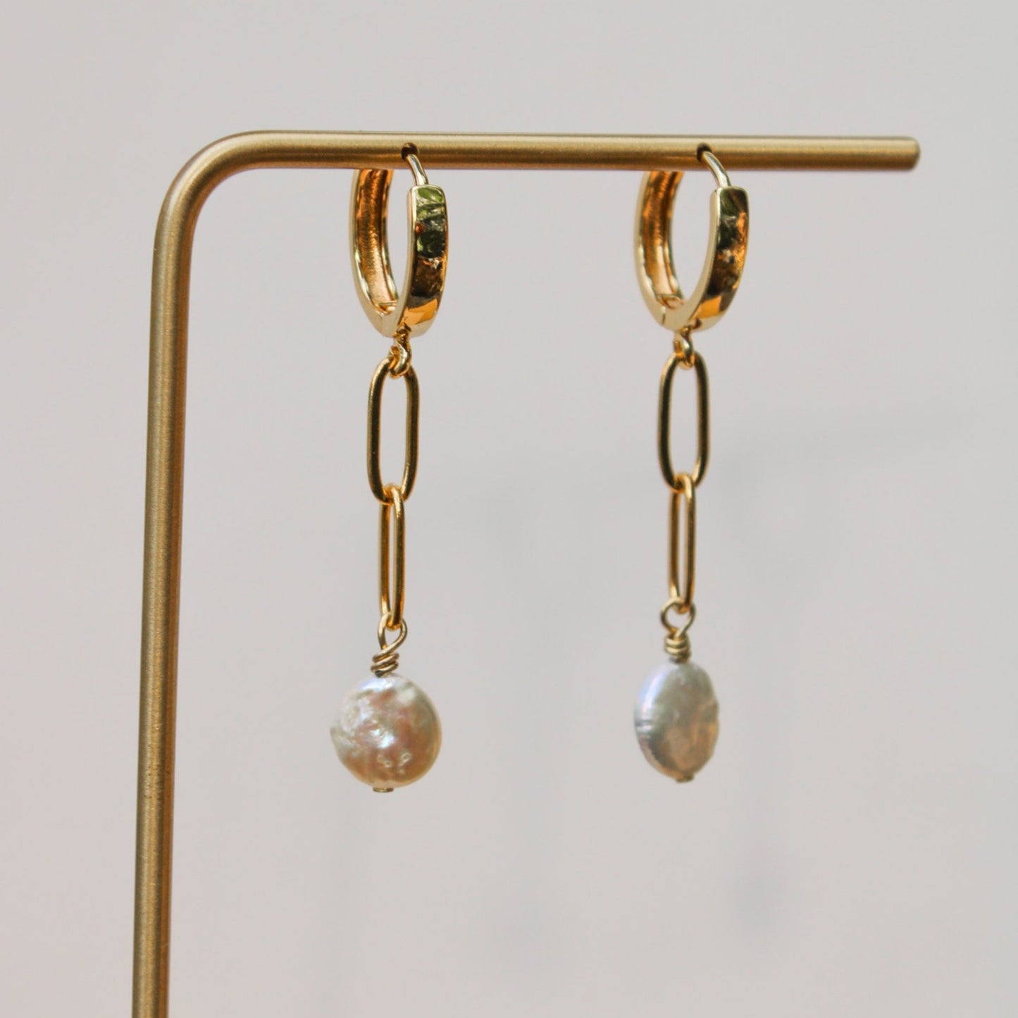 coin pearl link huggie danglies