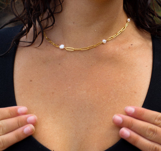 Gold Plated Pearl Paperclip Chain Necklace