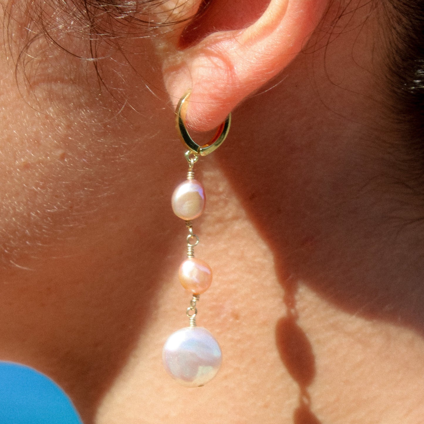 gold fill triple pearl hoop huggie earrings