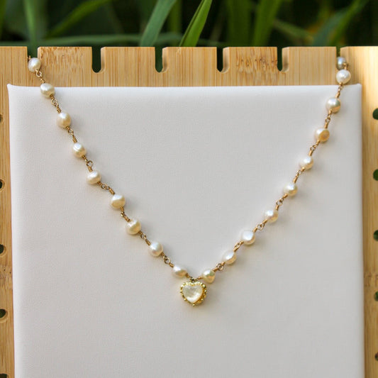 Mother Of Pearl Heart Link Necklace (Gold Fill)