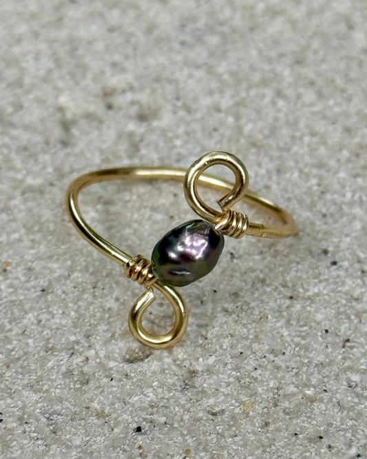 Gold Filled Black Keshi Pearl Swirl Ring