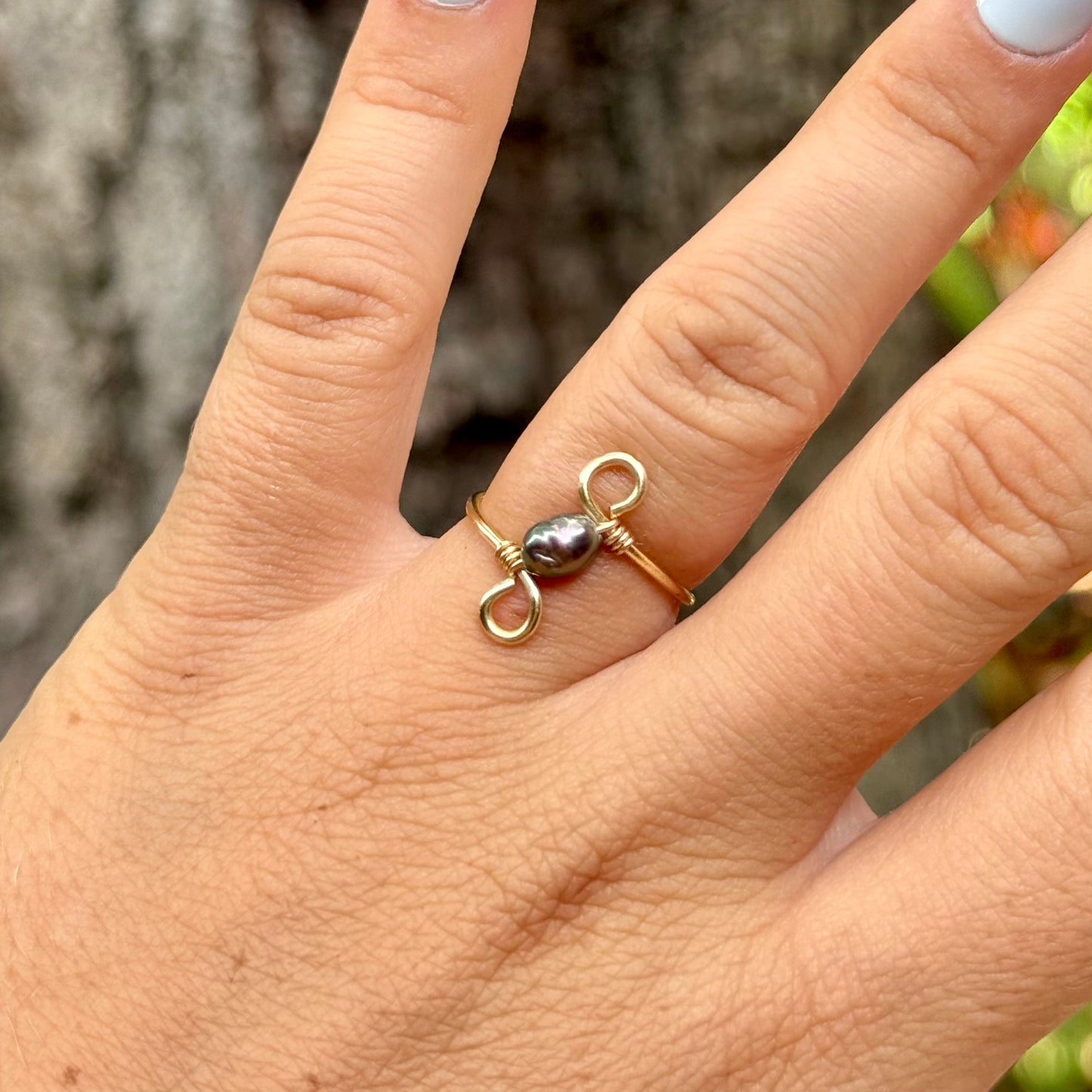 gold filled black keshi pearl swirl ring